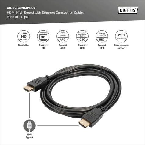 DIGITUS HDMI High Speed connection cable, type A M/M, 2.0m, 10er Set, w/Ethernet, UHD 60p, gold, bl