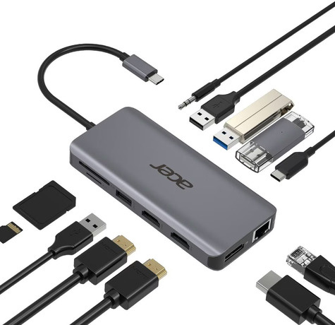 Acer Acer 12in1 Type C dongle: 2 x USB3.2  2 x USB2.0  1x SD/TF  2 x HDMI  1 x PD  1 x DP 1 x RJ45  1 x 3.5 Audio (tweedekans)