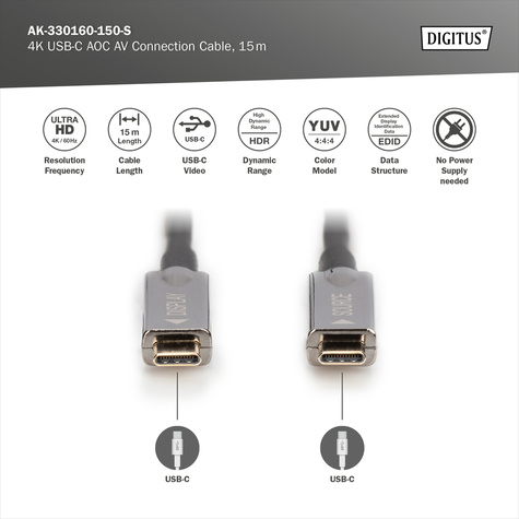 DIGITUS HDMI AOC Hybride glasvezelkabel type USB C-USB C St/St, 15,0m, UHD 4, 4K@60Hz, USB 3.1, bw