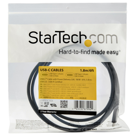 STARTECH 1,8 m USB-C naar USB-C kabel met 5A/100W Power Delivery - M/M - USB 3.0 (5Gbps)