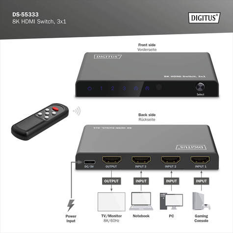 DIGITUS 3x1 HDMI schakelaar, 8K/60Hz (4:4:4), HDR, HDCP 2.3