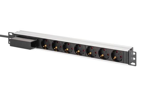 DIGITUS 1U aluminium PDU, rackmontage, 6x veiligheidsuitgang, 1x uitgang 16A, 4000W, 250VAC 50/60Hz, 1x stroomonderbreker