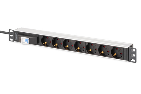 DIGITUS 1U aluminium PDU, rackmontage, 6x veiligheidsuitgang, 1x uitgang 16A, 4000W, 250VAC 50/60Hz, 1x stroomonderbreker