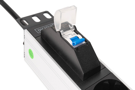 DIGITUS 1U aluminium PDU, rackmontage, 6x veiligheidsuitgang, 1x uitgang 16A, 4000W, 250VAC 50/60Hz, 1x stroomonderbreker