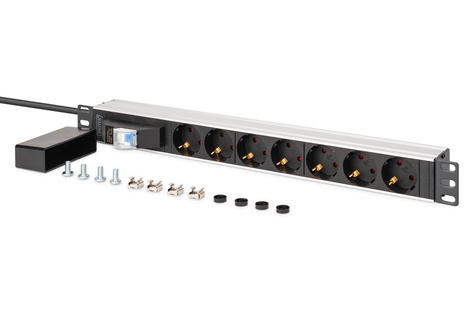 DIGITUS 1U aluminium PDU, rackmontage, 6x veiligheidsuitgang, 1x uitgang 16A, 4000W, 250VAC 50/60Hz, 1x stroomonderbreker