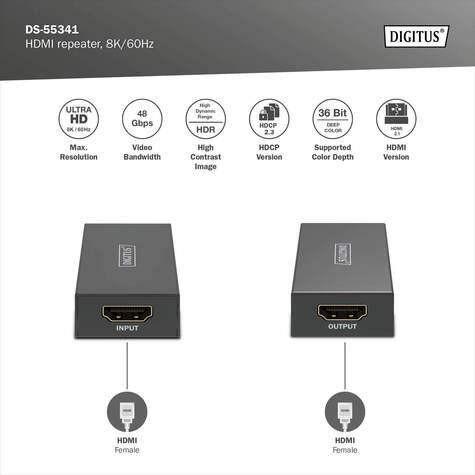 DIGITUS HDMI-repeater, 8K/60Hz 10 m 8K/60, 16 m 4K/60Hz