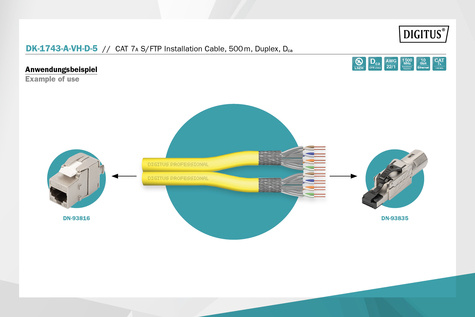 DIGITUS CAT 7A S-FTP datakabel - installatiekabel, 1500 MHz Dca (EN 50575), AWG 22/1, rol van 500 m, Dx, geel
