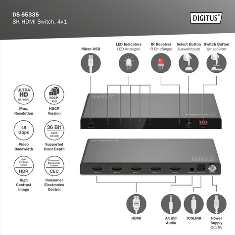 DIGITUS 4x1 HDMI schakelaar, 8K/60Hz (4:2:0), Toslink, Stereo, EDID-regeling