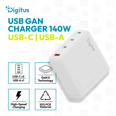 DIGITUS USB GaN oplader, 140W 3x USB-C, 1x USB-A, wit