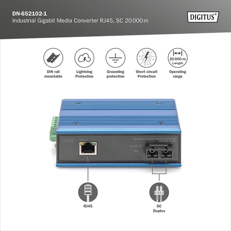 DIGITUS Industriële Gigabit Ethernet-mediaconverter, SM SC-aansluiting, 1310nm, tot 20 km