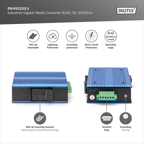 DIGITUS Industriële Gigabit Ethernet-mediaconverter, SM SC-aansluiting, 1310nm, tot 20 km