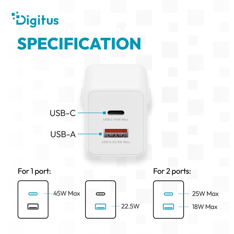 DIGITUS USB-oplader GaN 45W, 1x USB-C, 1x USB-A wit