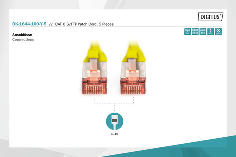 DIGITUS CAT 6 S-FTP patchkabel, koper, LSZH AWG 27/7, lengte 10 m, 5 stuks, kleur geel