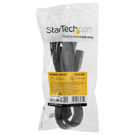 STARTECH 2m Computer Splitter Stroomkabel, 18AWG, EU Schuko naar 2x C13, 10A 250V, Zwart, AC Vervangkabel