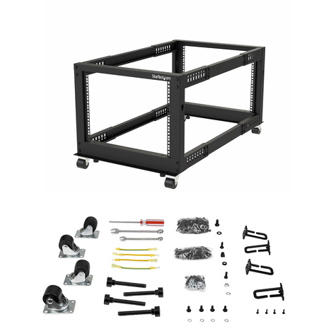 STARTECH 19" 8U open frame rack - 4 stijlen - 22-40" verstelbare diepte - 544 kg draagvermogen met zwenkwielen en kabelhaken (4POSTRACK8U)