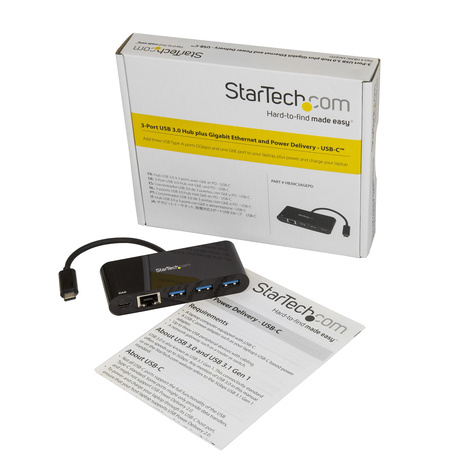 STARTECH 3 Port USB-C Hub with Gigabit Ethernet  60W Power Delivery Passthrough Laptop Charging, USB-C to 3x USB-A (USB 3.0 SuperSpeed 5Gbps)
