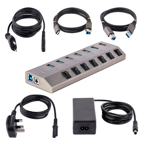 STARTECH 7-Port Self-Powered USB-C Hub with Individual On/Off Switches, USB 3.0 5Gbps Expansion Hub w/Power Supply