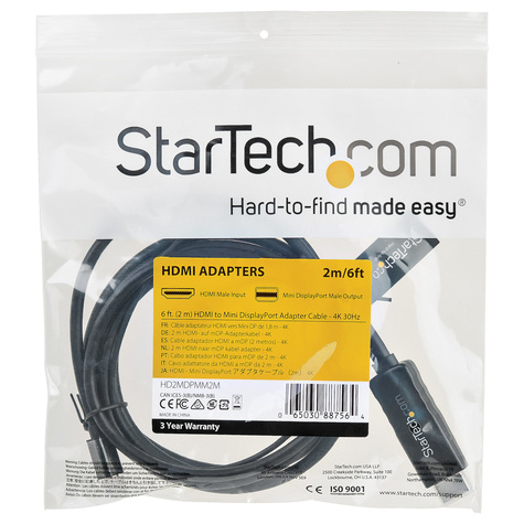 STARTECH 6ft (2m) HDMI to Mini DisplayPort Cable 4K 30Hz, Active HDMI to mDP Adapter Converter Cable with Audio