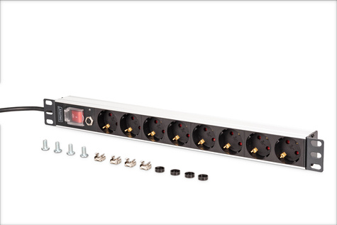 DIGITUS 1U aluminium PDU, rack-mount, 7x veiligheid + 1x uitgang 16A, 4000W, 250VAC 50/60Hz, beveiliging tegen overbelasting