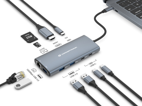 CONCEPTRONIC CONCEPTRONIC 10-in-1 USB 3.2 Gen 1 Docking Station - HDMI - 100W USB PD - USB-C 5Gbps x 2 - USB-A 5Gbps x 3 - SD - TF/MicroSD - GbE