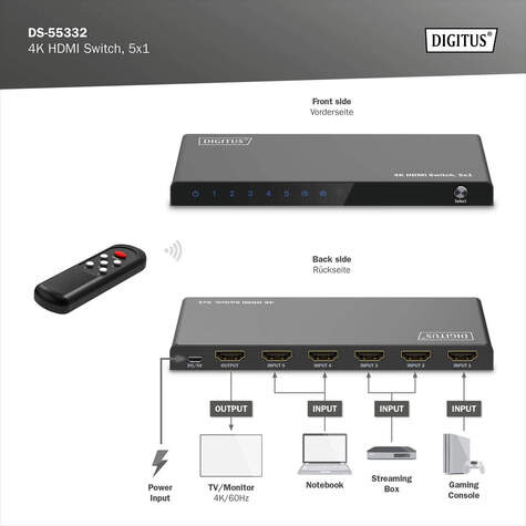 DIGITUS 5x1 HDMI-switch, 4K/60Hz HDCP 2.3