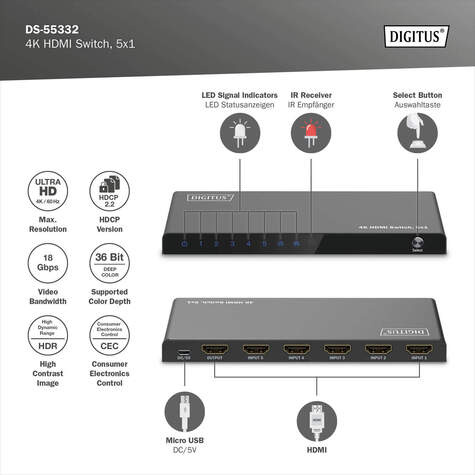 DIGITUS 5x1 HDMI-switch, 4K/60Hz HDCP 2.3