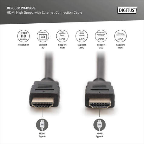 DIGITUS HDMI Premium High Speed verbindingskabel, type A St/St, 5,0 m, w/Ethern, Ultra HD, 4K@60Hz, goud, bw