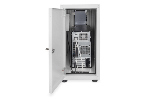 DIGITUS Computer case with levelling feet, 670x300x650 mm inner dim. 581x292x550mm, glass door, fan, RAL7035
