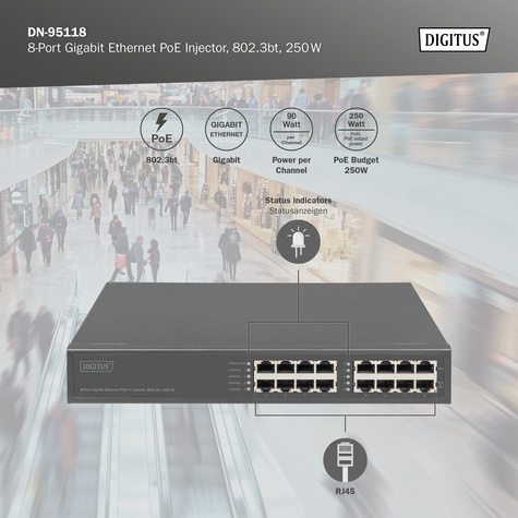 DIGITUS Schakelaar 8-poorts Gigabitgabit PoE + injector 250W