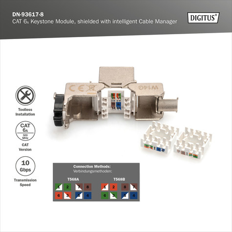 DIGITUS CAT 6A Keystone module, afgeschermd, 8 stuks Aansluiting zonder gereedschap