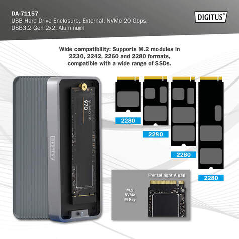 DIGITUS USB-behuizing voor harde schijf, extern, NVMe 20Gbps, USB3.2 Gen 2x2, aluminium, gereedschap