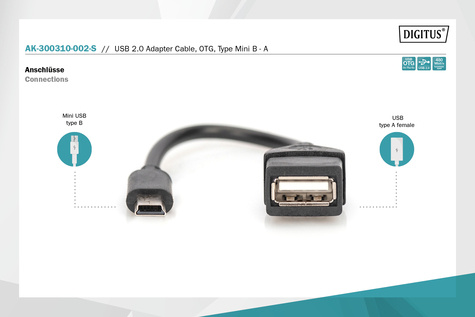 DIGITUS USB 2.0-adapterkabel, OTG, type mini B - A St/Bu, 0,2 m, conform USB 2.0, zwart