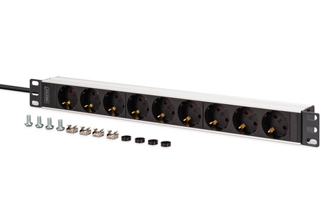 DIGITUS 1U aluminium PDU, rack-mount, 8x veiligheidsuitgang, 1x uitgang 16A, 230VAC, 50/60Hz, IEC C20-stekker