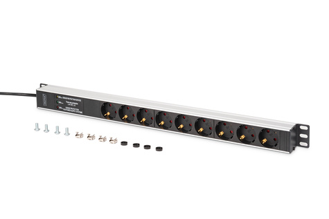 DIGITUS Aluminium PDU, geschikt voor rekmontage, frequentiefilter, 2m 16A, 3600W,230VAC 50/60Hz,7x veiligheid, 2x stopcontact