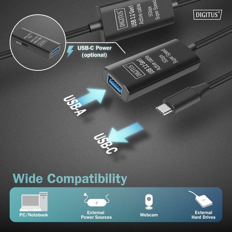 DIGITUS Actieve USB-C-verlengkabel, 10 m 5G, USB 3.2 Gen1, USB-C - USB-A (M/V)