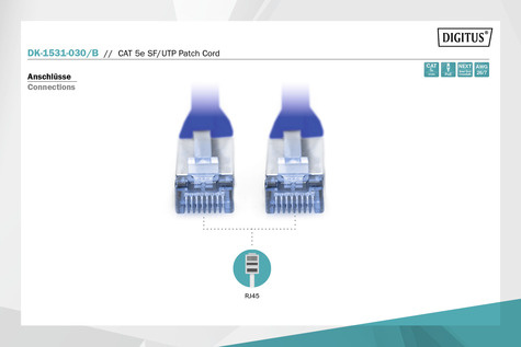 DIGITUS CAT 5e SF-UTP patchkabel, koper, PVC AWG 26/7, lengte 3 m, kleur blauw