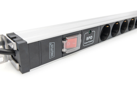 DIGITUS 1U aluminium PDU, kastmontage, 12x aardingscontact 16A, 230VAC, 50/60Hz, overspanningsbeveiliging, schakelaar