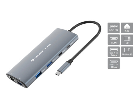 CONCEPTRONIC 10-in-1 USB 3.2 Gen 1 Docking Station - HDMI - 100W USB PD - USB-C 5Gbps x 2 - USB-A 5Gbps x 3 - SD - TF/MicroSD - GbE