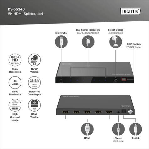 DIGITUS DS-55340 video splitter HDMI 4x HDMI