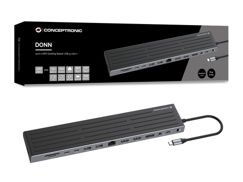 CONCEPTRONIC 14-in-1 MST Docking Station USB 3.2 Gen 1 - HDMI x 2 - DP - GbE LAN - USB-A 5Gbps x 3 - USB-C 5Gbps x 2 - SD - TF/MicroSD - 3.5m