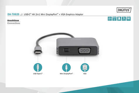 DIGITUS USB-C - mini DP + VGA adapter, 20 cm 4K/30Hz, zilver, aluminiumbehuizing