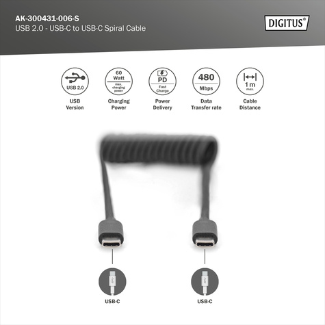 DIGITUS USB type C naar USB type C Spring kabel; TPU USB 2.0, PD60W Max; 1m