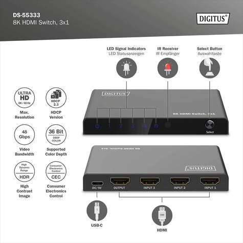DIGITUS 3x1 HDMI schakelaar, 8K/60Hz (4:4:4), HDR, HDCP 2.3