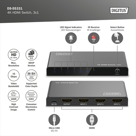 DIGITUS 3x1 HDMI schakelaar, 4K/60Hz HDCP 2.3