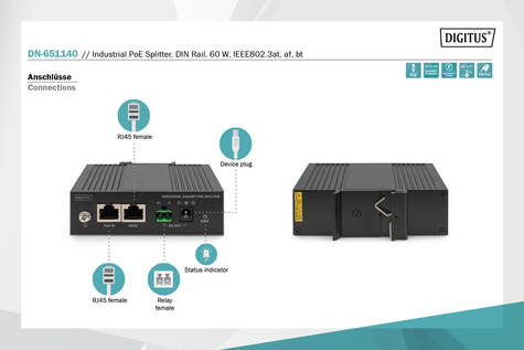 DIGITUS Industriële PoE-splitter DIN-rail, 60 W, IEEE802.3at/af