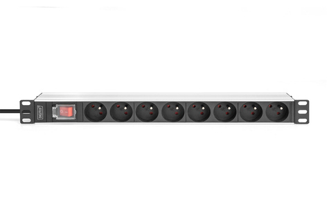 DIGITUS 1U aluminium PDU, rackmontage, 8x CEE 7/5 nominaal vermogen: 16A, 4000W, 250VAC 50/60Hz,