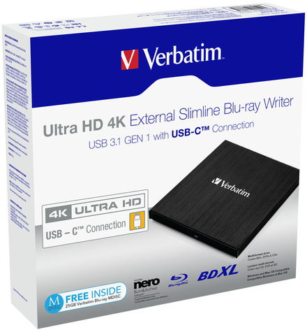 Verbatim Slimline Blu-ray Writer USB 3.1 GEN 1 USB-C Ultra HD 4K 43888