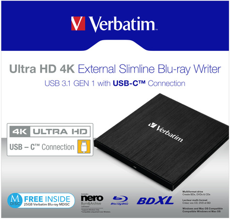 Verbatim Slimline Blu-ray Writer USB 3.1 GEN 1 USB-C Ultra HD 4K 43888