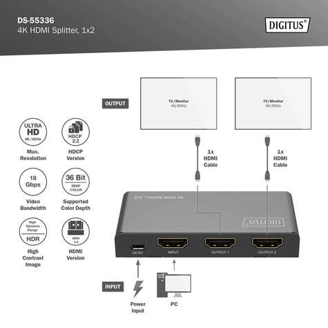 DIGITUS 1x2 HDMI-splitter, 4K/60Hz HDCP 2.3, EDID Control