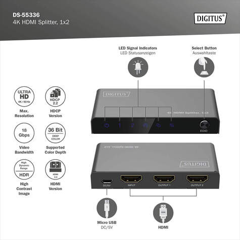 DIGITUS 1x2 HDMI-splitter, 4K/60Hz HDCP 2.3, EDID Control